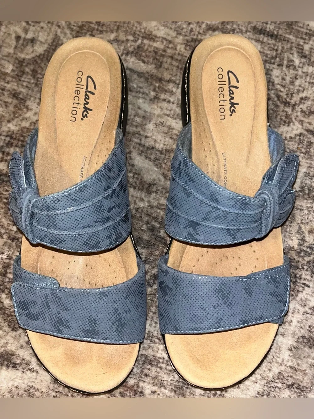 Clarks Women's Merliah Charm Blue Grey SANDAL WEDGE SLIP ON SIZE 8.5